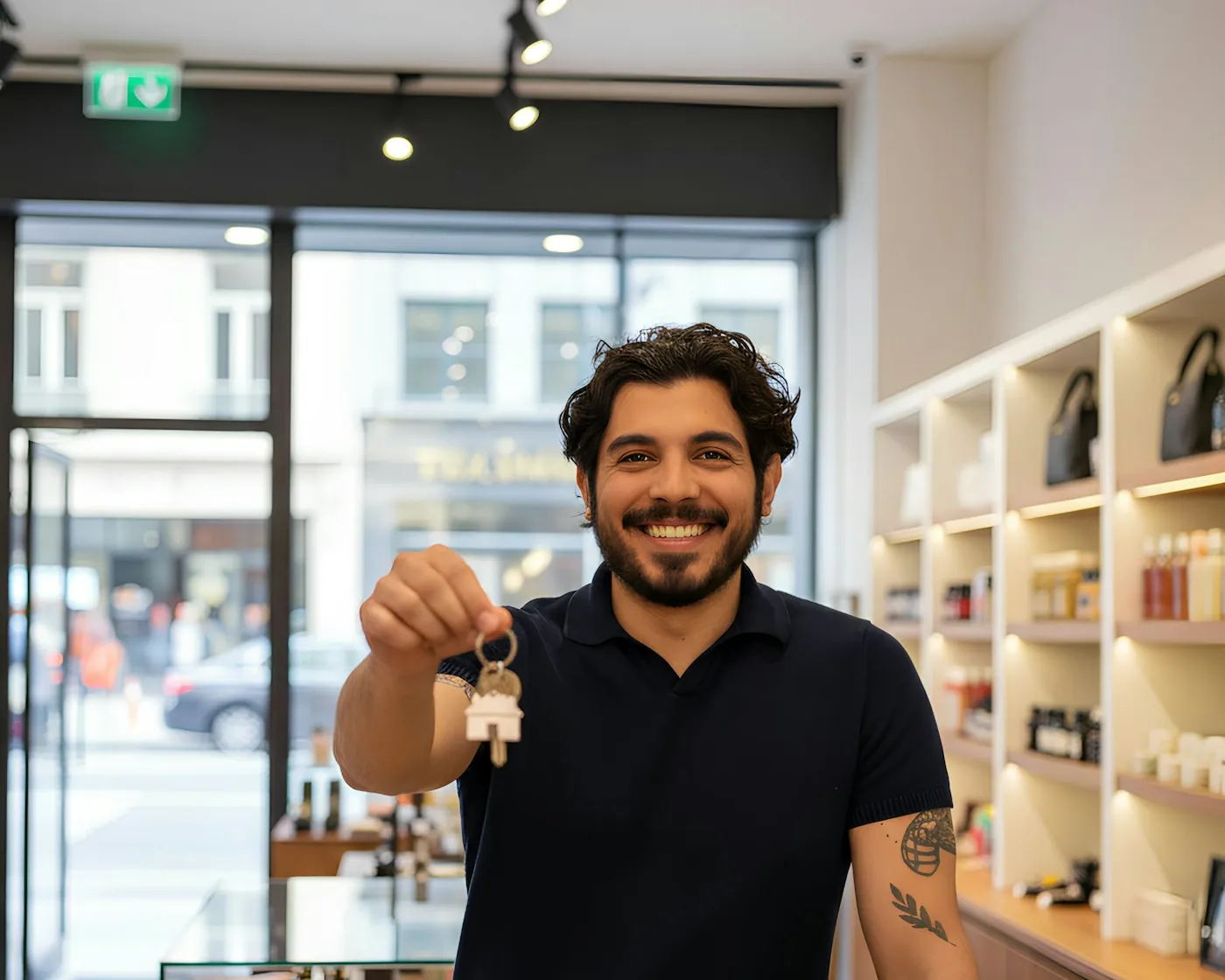 New owner smiling and holding up a set of keys inside a small retail store