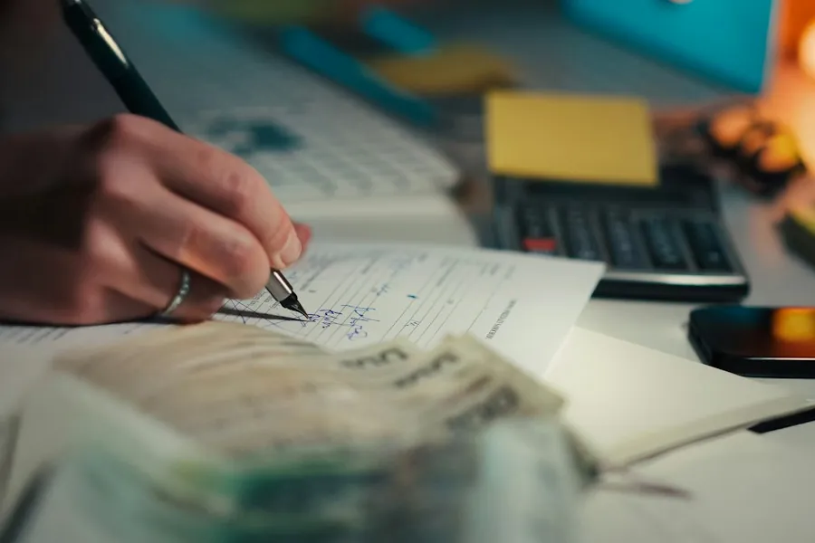 Hand writing figures in a notebook beside a calculator